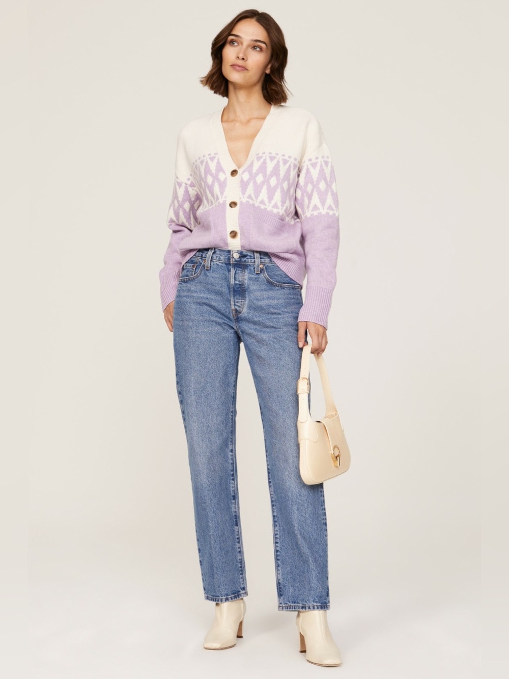 DEREK LAM Cream and Lavender Geometric Knit Cardigan